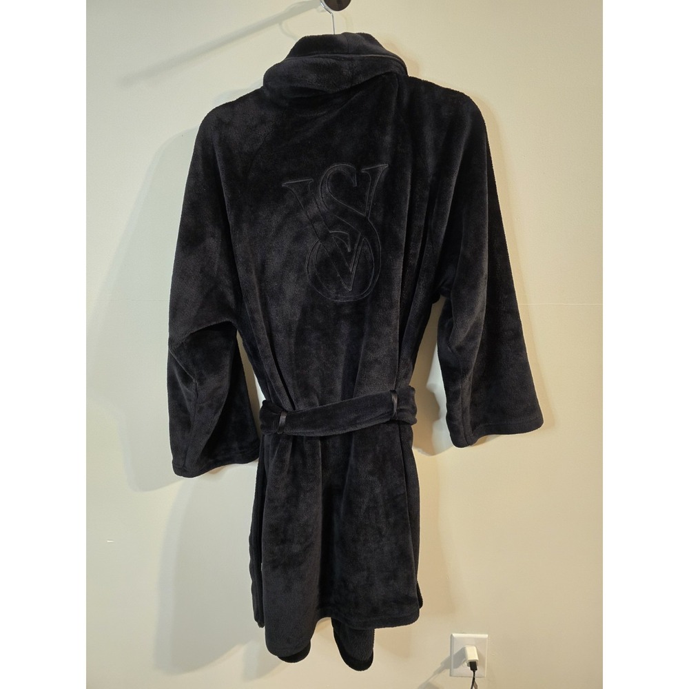 Victoria's‎ Secret Short Robe Plush Embroidered Black Housecoat M/L - Picture 4 of 5